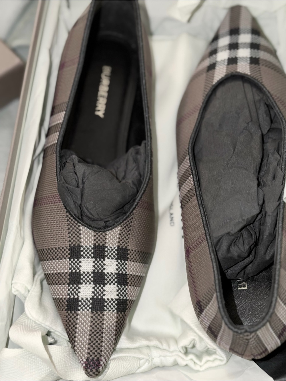 Burberry Plaid Pointed-Toe Flats in Taupe, Black and White - Picture 2 of 8